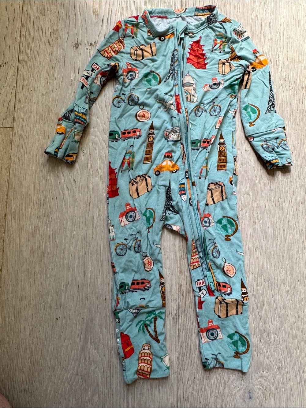 Posh Peanut Travel Print Kids One-Piece Pajamas - Light Teal
